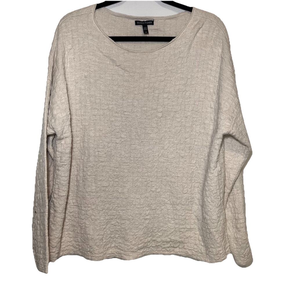 Eileen Fisher Sweater Size L Cream Oyster Grey Textured Organic Linen-Cotton Top